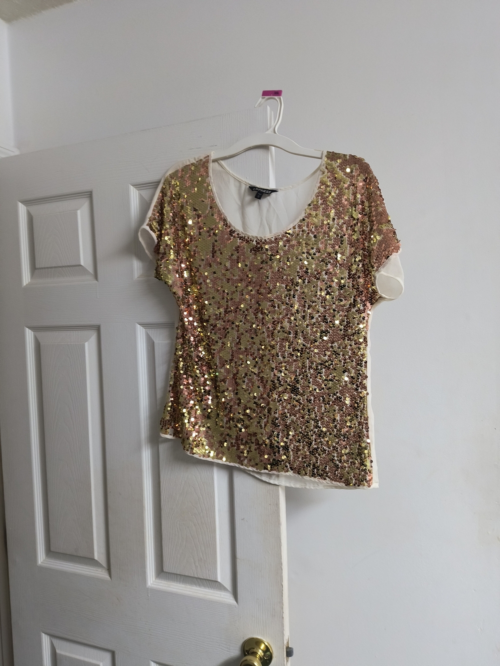 Express Rose Gold Sequin Short Sleeve Blouse